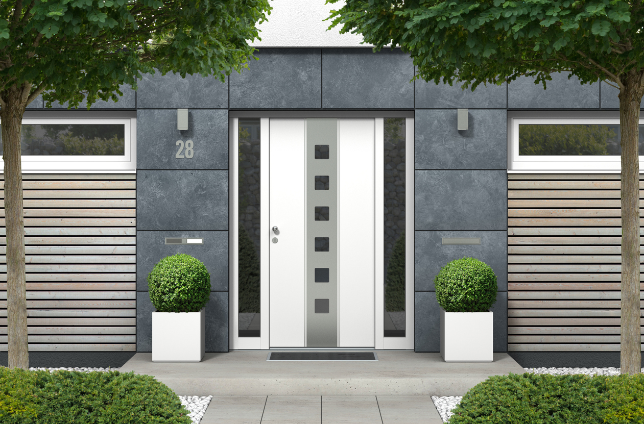 Porte d'entrée aluminium blanche avec vitrage latéral