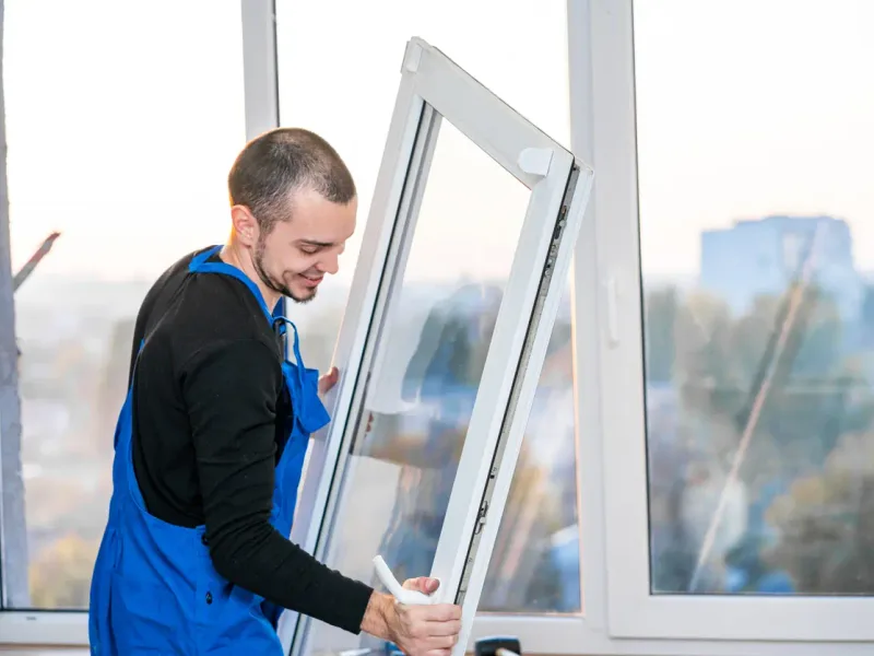 Poseur installant un ouvrant double vitrage dans un immeuble rénové — France