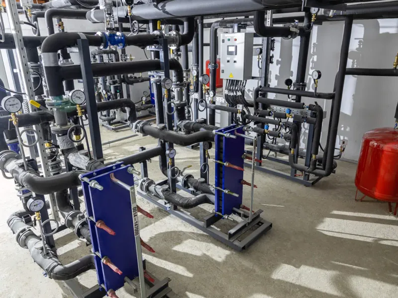 Sous-station à échangeurs d’une PAC collective — pompe à chaleur air/eau en immeuble en Bretagne