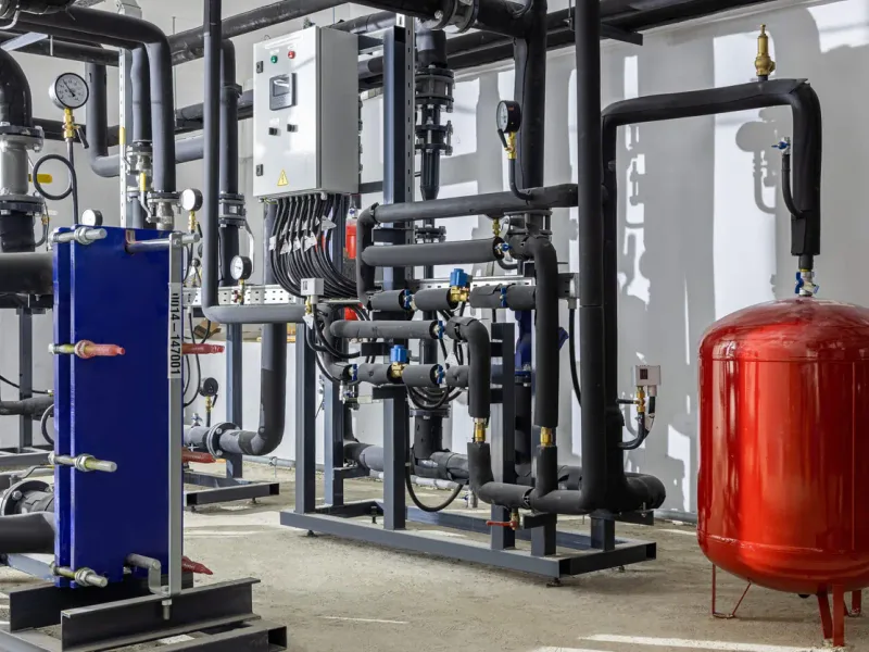 Sous-station hydraulique d’une PAC collective — pompe à chaleur air/eau en immeuble en Bretagne
