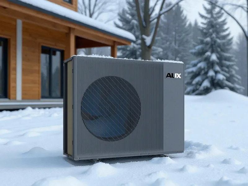 Groupe PAC air/eau en fonctionnement par temps de neige — pompe à chaleur air/eau en immeuble en Bretagne
