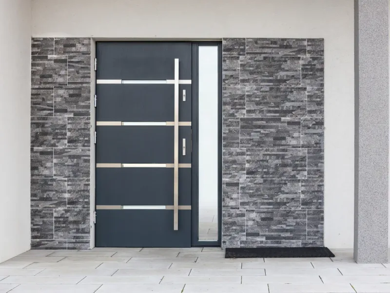 Porte d'entrée aluminium anthracite à inserts inox — France