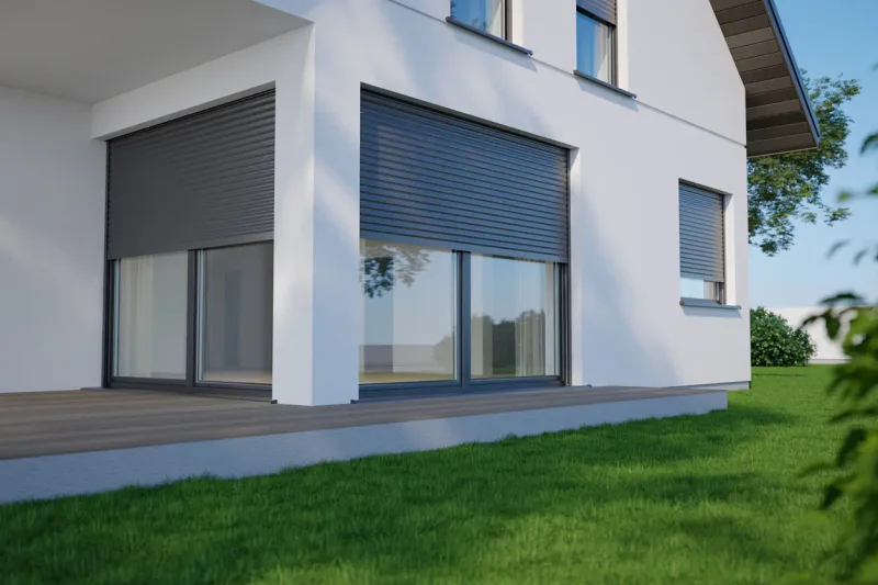 Volets roulants anthracite sur baies vitrées et fenêtres — France