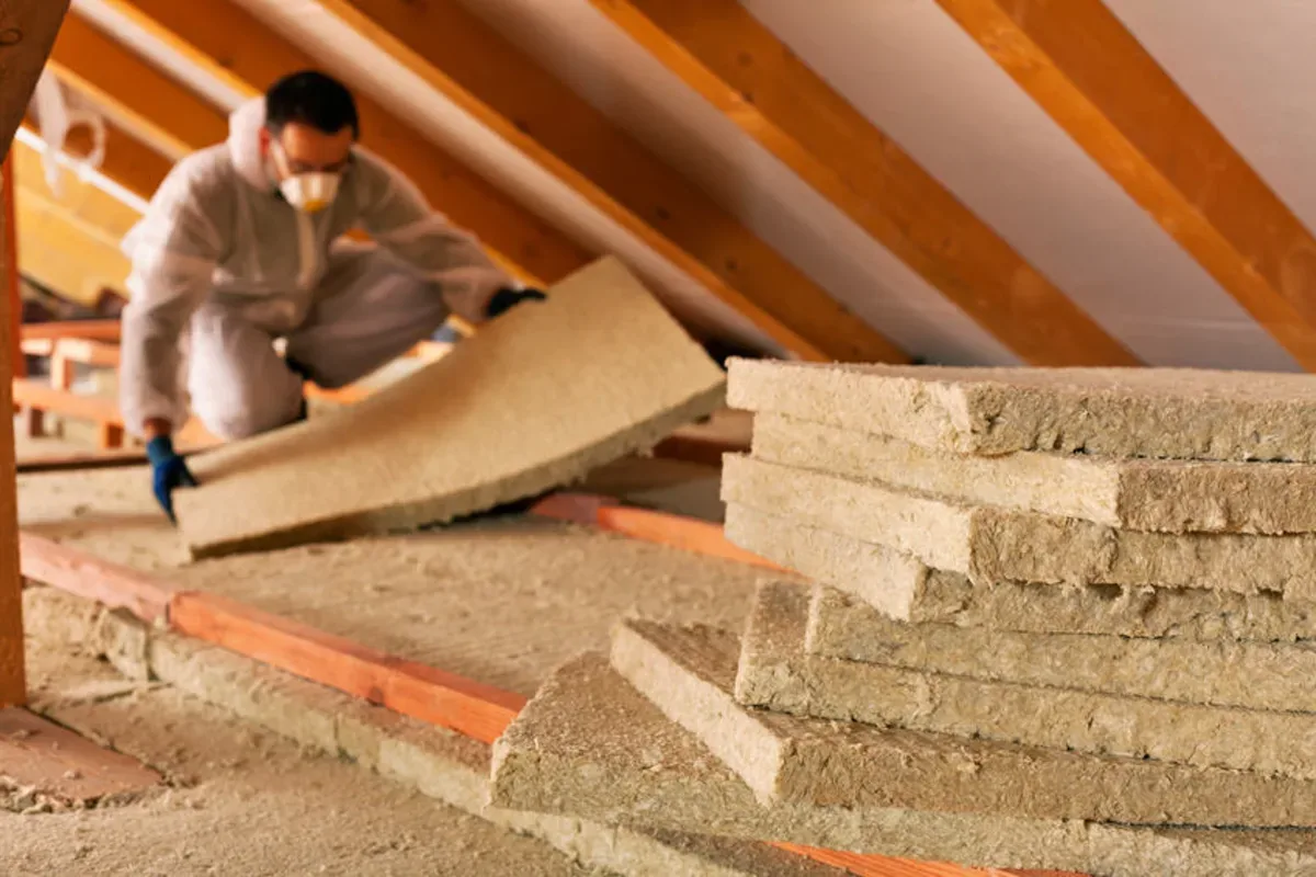 Artisan déroulant des panneaux de laine minérale sur le plancher de combles perdus