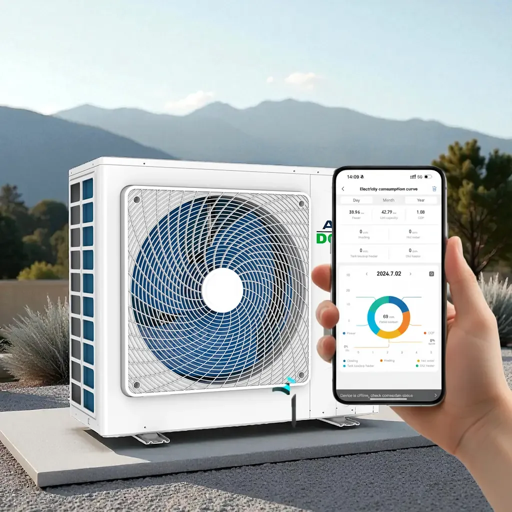 Unité extérieure de pompe à chaleur air/eau et suivi de consommation sur smartphone